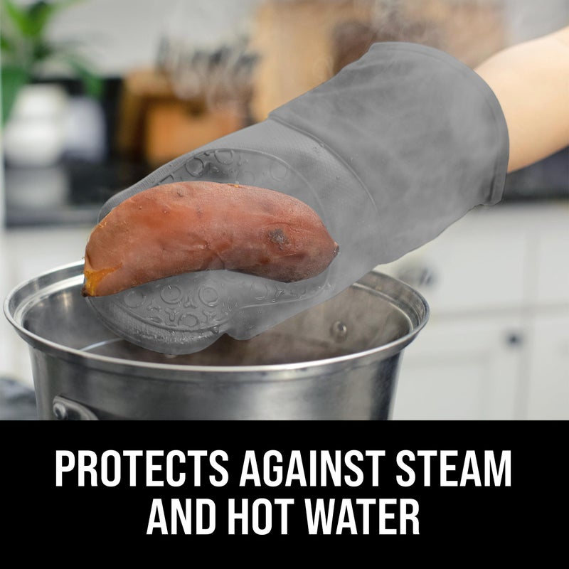 HOMWE BPA-Free Soft Silicone Oven Mitts - Ultra Heat Resistant Oven Mitts with Thick Cotton Liner - Long Slip Resistant Pot Holders, Flexible Oven Gloves - Gray 13.7" - Image 4